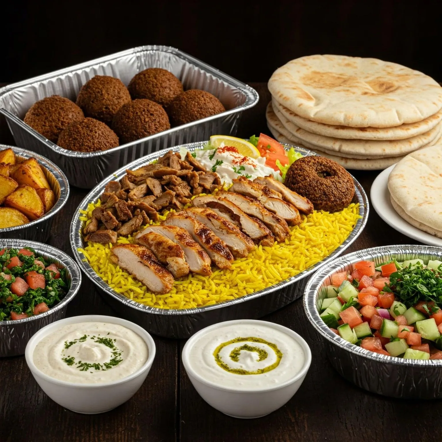 Mediterranean catering platters with chicken shawarma, rice, falafel, salads, pita and dips.