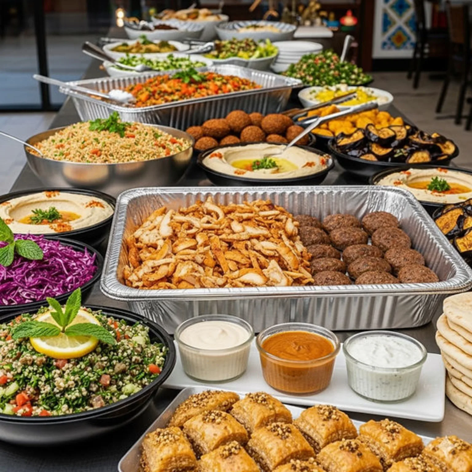 Mediterranean buffet with shawarma, falafel, dips and salads.
