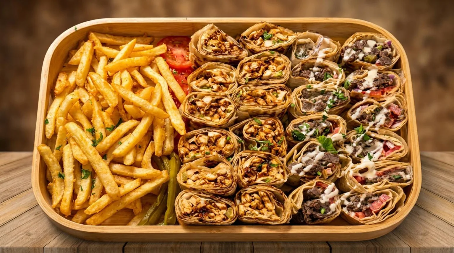 Sliced shawarma wrap halves with fries on a wooden platter — a serving suggestion.